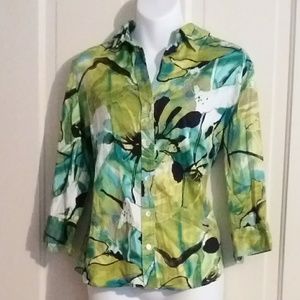 Chico's Green Blue water color floral blouse